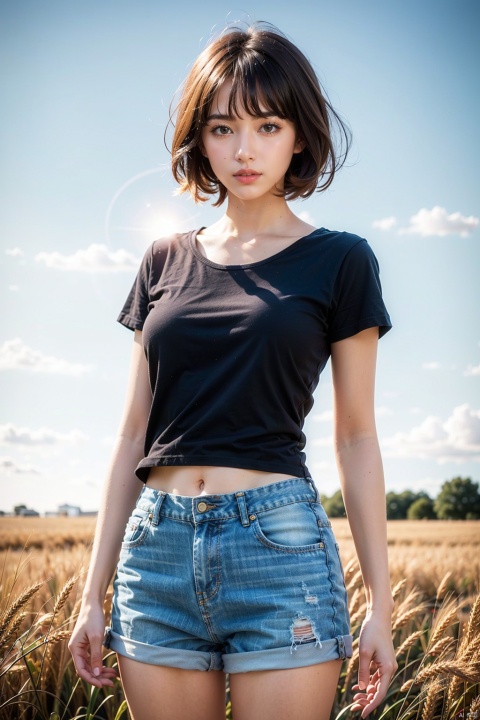  masterpiece,ultra high res,realistic,finely detail,extremely detailed,1girl,short hair,floating hair,blond hair, looking at viewer,pure color background,breasts,film grain,film overlay,sunset,pastel sky,cool tones,sun rays,soft light,black t-shirt,micro shorts,wheat field