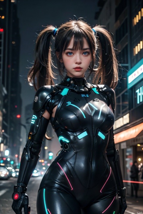 masterpiece,ultra high res,realistic,finely detail,extremely detailed,1girl,stealth stance,cybernetic enhancements,long hair,twintails,blue eyes,high-tech Tight combat suit,Invisible night clothes,Black matt clothing material,neon cityscape,neon glow,focused expression,dynamic pose,neon reflections,
