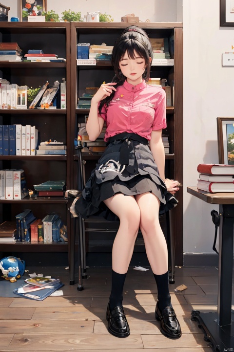  masterpiece,best quality,realistic,1girl, solo, skirt, shirt, black_hair, sitting, closed_eyes, ponytail, shoes, socks, arm_up, bookshelf, employee_uniform

