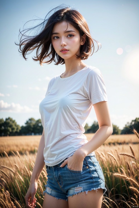  masterpiece,ultra high res,realistic,finely detail,extremely detailed,1girl,short hair,floating hair,blond hair, looking at viewer,pure color background,breasts,film grain,film overlay,morning glow,pastel sky,cool tones,sun rays,soft light,t-shirt,micro shorts,wheat field