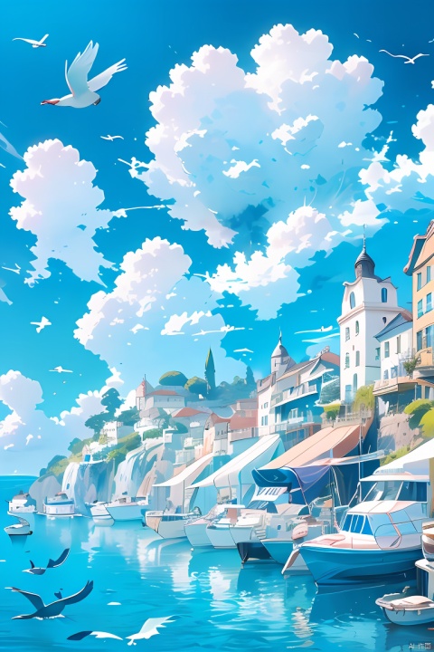 official art,scenery, watercraft, outdoors, no humans, boat, sky, cloud, day, bird, ocean, building, blue sky, water, blue theme
