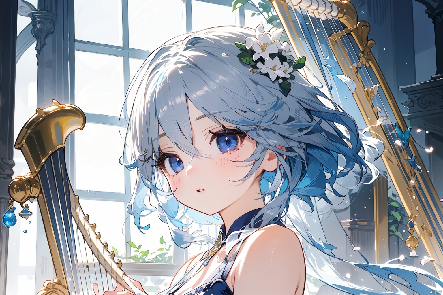  best quality, masterpiece, ultra-detailed, illustration, detailed light, an extremely delicate and beautiful, 1girl, female focus, high resolution, stunning, soft shadows, a graceful and elegant, female focus, playing a harp