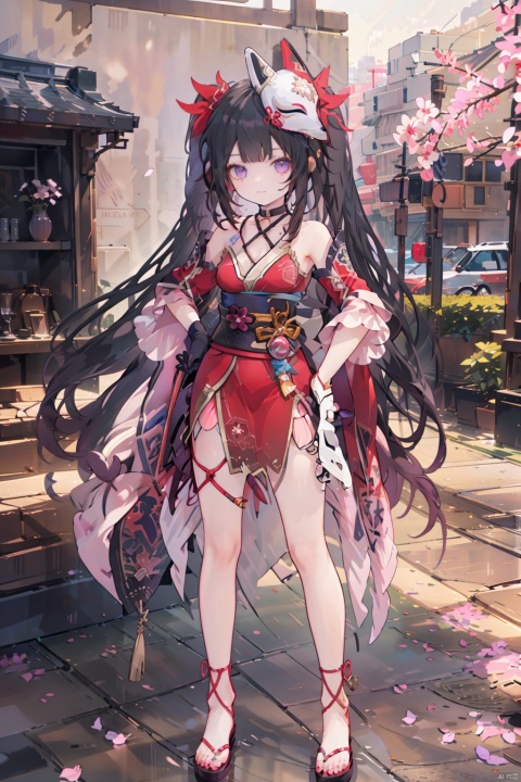 8k, best quality, masterpiece, (ultra-detailed:1.1), (high detailed skin),(full body:1.3), standing, looking at viewer, (solo:1.4), hand on hip, huahuo, 1girl, single_glove, mask on head, sash, black hair, twintails, purple eyes, obi, fox mask, single glove, japanese clothes, Cherry blossom tattoo, chest tattoo,(beautiful_face), ((intricate_detail)), clear face,((finely_detailed)), fine_fabric_emphasis,((glossy)), full_shot,
