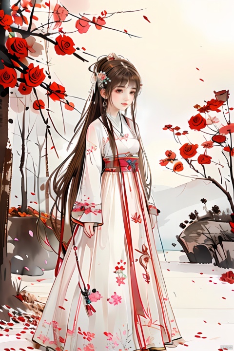 masterpiece,best quality,colorful inkpainting, a cute girl with antlers, brown hairs, flower, solo, butterfly, long hair, hair ornament, realistic,jewelry, earrings, hanfu, chinese clothes, rose,full body,standing,outdoors
