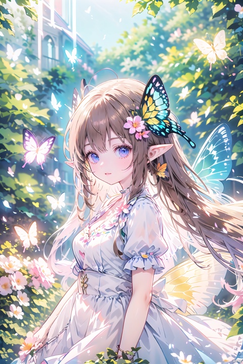  1girl,Butterflies on the Head, antennae, blue butterfly, blue wings, blurry, blurry background, brown hair, butterfly, butterfly hair ornament, butterfly on hand, butterfly wings, cleavage, fairy, fairy wings, flower, flying, glowing butterfly, glowing wings, green wings, hair ornament, ice wings, insect wings, lips, long hair, medium breasts, motion blur, multicolored wings, nature, pink wings, pointy ears, purple wings, solo, transparent wings, white butterfly, white wings, wings, yellow butterfly, yellow wings,Dawn Elf,dawn,glow,Glowing wings,Dress,Multiple butterflies,Glowing Butterfly,Super large wings