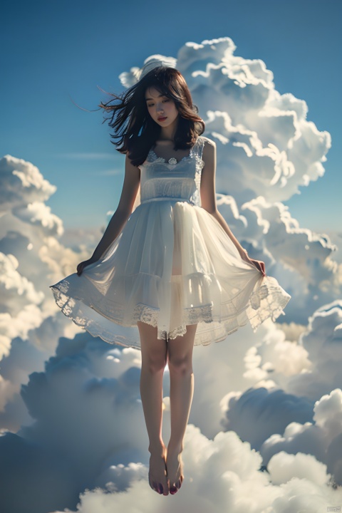  masterpiece,best quality,1girl, above clouds, solo, long hair, black hair, dress, sky, full body, barefoot, cloud, day, cloudy sky, white dress, floating, realistic, sundress 