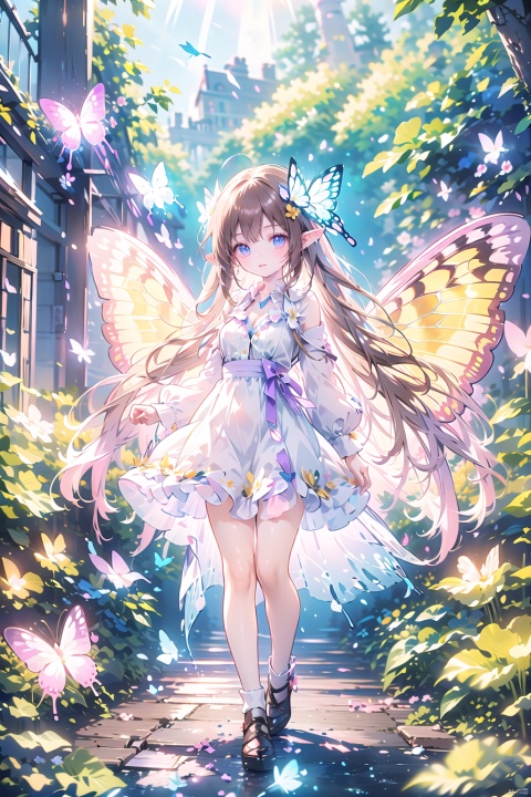 1girl, full body, Butterflies on the Head, antennae, blue butterfly, blue wings, blurry, blurry background, brown hair, butterfly, butterfly hair ornament, butterfly on hand, butterfly wings, cleavage, fairy, fairy wings, flower, flying, glowing butterfly, glowing wings, green wings, hair ornament, ice wings, insect wings, lips, long hair, medium breasts, motion blur, multicolored wings, nature, pink wings, pointy ears, purple wings, solo, transparent wings, white butterfly, white wings, wings, yellow butterfly, yellow wings, Dawn Elf, dawn, glow, Glowing wings, Dress, Multiple butterflies, Glowing Butterfly, Super large wings