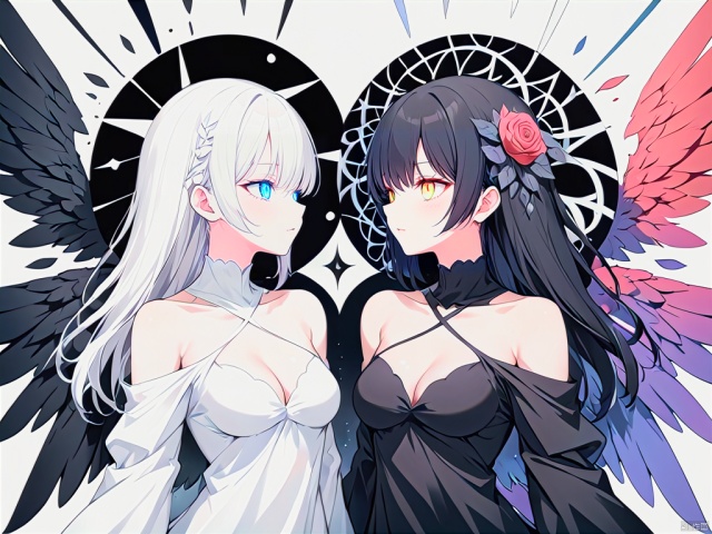2girls, looking eachother, BREAK white_angel with white further wing,light halo,white tone color BREAK black_angel with black further wing,dark halo,black tone color,solo,(((((split theme))))),symmetry:1.3,upper body,cleavage,off shoulder,hair flower,off-shoulder dress,puffy long sleeves,puffy sleeves,rose petals,mandala,chaos,Radial,streamlined,fractal art,art design,burst,Heterochromatic pupil,Anime style,