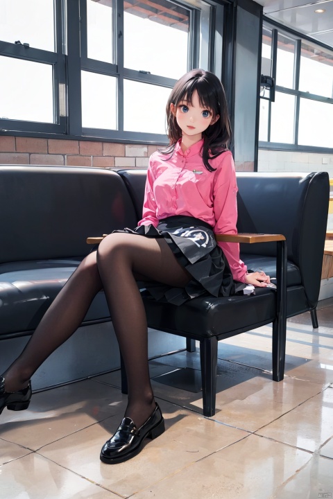 masterpiece,best quality,realistic,1girl, solo, long hair, looking at viewer, skirt, shirt, black hair, sitting, pantyhose, shoes, black skirt, black footwear, black pantyhose, pink shirt, realistic, hands on own knees
