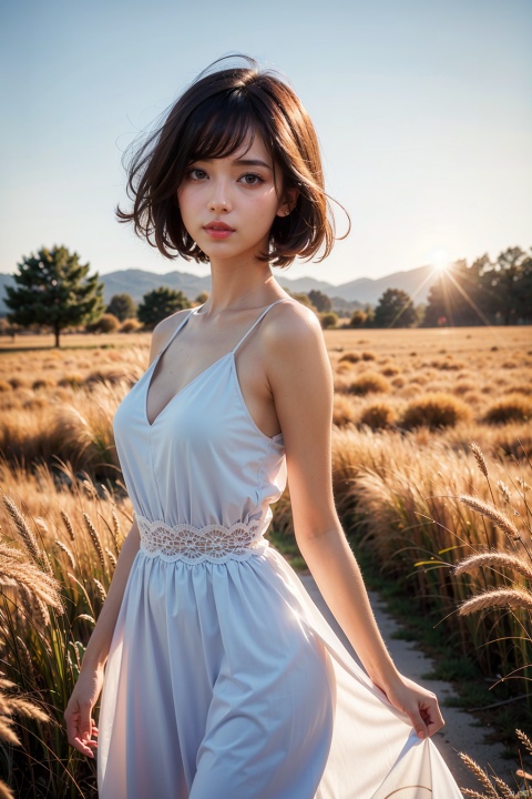  masterpiece,ultra high res,realistic,finely detail,extremely detailed,1girl,short hair,floating hair,blond hair, looking at viewer,pure color background,breasts,film grain,film overlay,morning glow,pastel sky,cool tones,sun rays,soft light,dress,wheat field