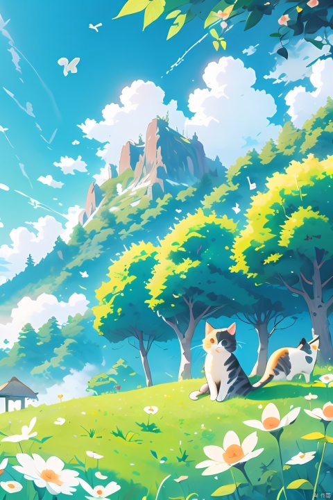  masterpiece, best quality, illustration, flower, outdoors, sky, day, cloud, tree, blue_sky, 1girl, cat, grass, nature, scenery, mountain, animal_focus