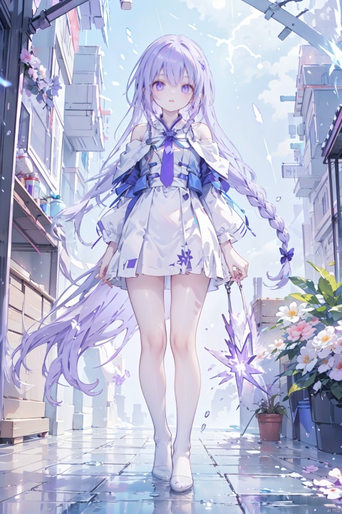  (ice:1.3), 1girl,urple hair, purple eyes, (blue fire,magic),(glowing eyes:1.3), chest,electricity, lightning, purple magic, aura,full body, standing,Off Shoulder,Front view, backlight,looking at viewer,braids,very long hair,hair flowe,tarry sky ,water,Rain,night, white pantyhose, (\shuang hua\)