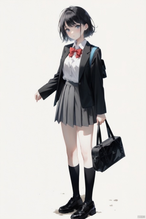 1girl, bag, black_footwear, black_jacket, black_legwear, bow, bowtie, collared_shirt, full_body, grey_skirt, jacket, kneehighs, long_sleeves, looking_at_viewer, messy_hair, open_clothes, open_jacket, pleated_skirt, red_background, red_bow, red_bowtie, school_bag, school_uniform, shirt, shoes, short_hair, shoulder_bag, skirt, solo, white_shirt
ColoredLead