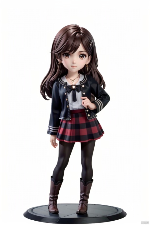  ((HRD, HUD, 8K)),((masterpiece, best quality)), highly detailed, chibi, big eyes, big head,
1girl, solo, long hair, bangs, black hair, hair ornament, brown hair, brown eyes, lips, earrings, necklace, jewelry, jacket, skirt, pantyhose, boots, 
simple background, white background, full body, long legs, standing, looking at viewer, 
