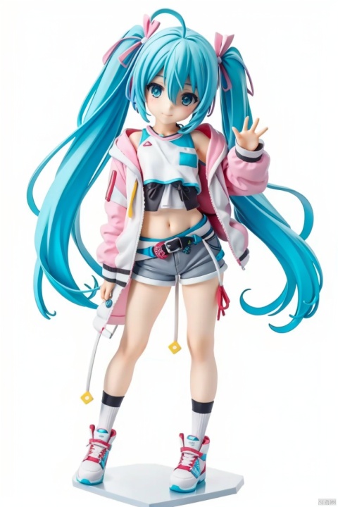 ((HRD, HUD, 8K)),((masterpiece, best quality)), highly detailed, chibi, big eyes,big head,
Handmade, 1girl, solo, hatsune miku, long hair, twintails, belt, very long hair, socks, shorts, black background, jacket, pink jacket, white socks, full body, legs apart, simple background, aqua hair, standing, grey shorts, hair between eyes, blue hair, contrapposto, boots, fingernails, short shorts, aqua eyes, ribbon, midriff, alternate costume, aqua nails, zipper, looking at viewer, white footwear, hair ribbon, off shoulder, arm at side, hand up, closed mouth, see-through, holding, open clothes, eyelashes, long sleeves, navel, shirt, bangs, open jacket, ahoge, sneakers, crop top, 
simple background, white background,
