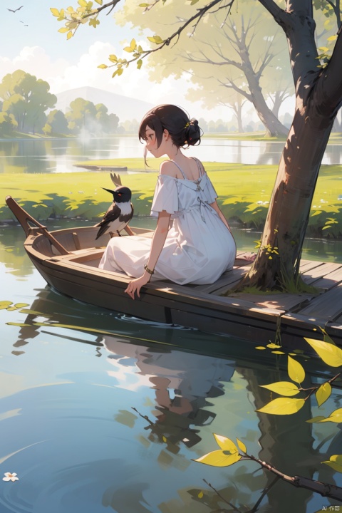capture a serene early spring scene on a misty lake with a girl in a white dress on a wooden boat. trees with fresh green buds line the shore. above, a pair of swallows fly among young willow branches. the atmosphere is calm and expectant, signaling the awakening of nature, gf, ycbh
