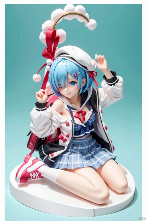  ((HRD, HUD, 8K)),((masterpiece, best quality)), highly detailed,
1girl, rem (re:zero), solo, skirt, hair ornament, blue hair, x hair ornament, blue eyes, smile, short hair, collarbone, jacket, looking at viewer, shoes, shirt, bow, long sleeves, socks, open jacket, breasts, sitting, plaid skirt, blush, plaid, open clothes, bangs, white jacket, bag, blue shirt, closed mouth, hat, white socks, full body, hair bow, white headwear, blue skirt, medium breasts, clothes writing, sleeves past wrists, white footwear, off shoulder, wariza, sneakers, pleated skirt, alternate costume, ribbon, hair over one eye, backpack, frills, miniskirt, pink ribbon, hand up, frilled skirt, blue background, hood, pink bow, shiny hair, 