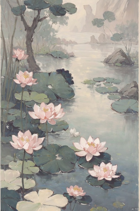 ((HRD, HUD, 8K)),((masterpiece, best quality)), highly detailed, soft light,
GuoYun, lily pad, no humans, chinese text, flower, water, lotus, pink flower, scenery, rock, leaf, fish, plant, pond, InkAndWash