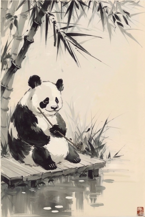 ((HRD, HUD, 8K)),((masterpiece, best quality)), highly detailed, soft light,
InkAndWash, bamboo, no humans, panda, traditional media, monochrome, simple background, plant,