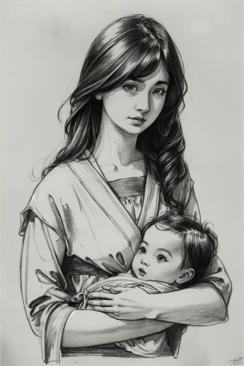  ((HRD, HUD, 8K)),((masterpiece, best quality)), highly detailed, soft light,
Mom holding her daughter, upper body, Sketch,
monochrome, greyscale, traditional media,