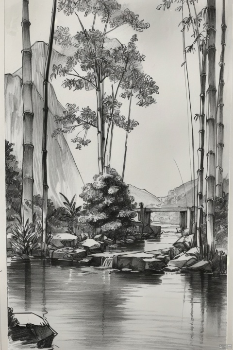  ((HRD, HUD, 8K)),((masterpiece, best quality)), highly detailed, soft light,
nature, water, waterfall, tree, no humans, bamboo, forest, fishing rod, rock, scenery, plant,  Sketch, monochrome, greyscale, traditional media,