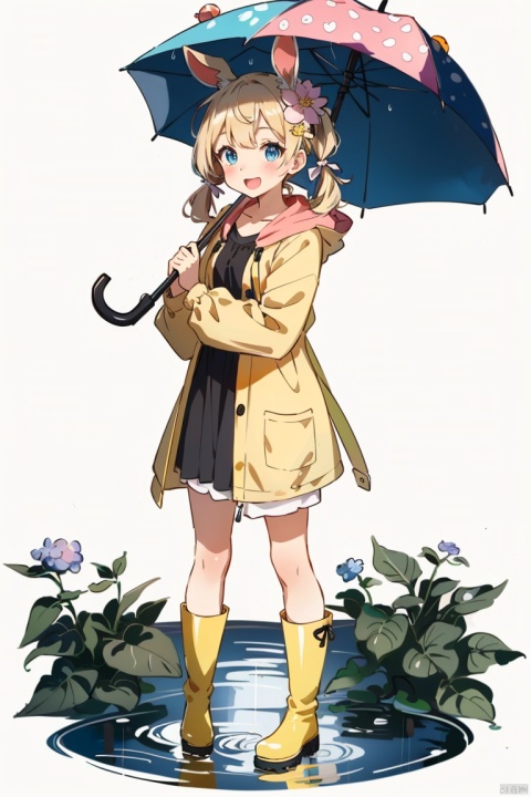 1girl,rainbow,raincoat,yellow raincoat,rubber boots,hydrangea,flower,long hair,twintails,boots,blush,umbrella,open mouth,hair ornament,white background,hood,solo,teruterubouzu,very long hair,hood up,long sleeves,low twintails,bow,bangs,smile,animal hood,blue eyes,rabbit,closed umbrella,puddle,full body,:d,snail,yellow footwear,simple background,pink flower,standing,leaf umbrella,holding umbrella,food-themed hair ornament,hair bow,animal ears,holding,blonde hair,hair flower,rain,animal,clpstyle,cuteloli