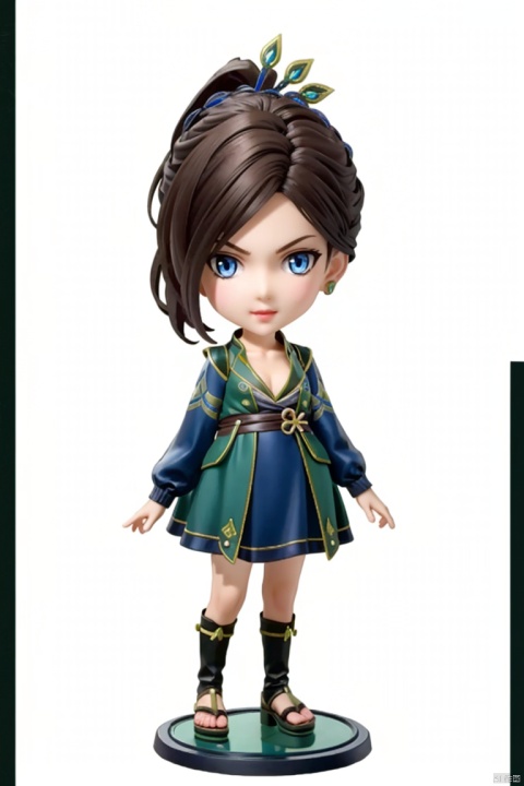  ((HRD, HUD, 8K)),((masterpiece, best quality)), highly detailed, (chibi:1.2), big eyes, big head, 
1girl, solo, hair ornament, black hair, brown hair, long hair, ponytail, blue eyes, lips,jewelry, earrings,breasts,dress, long sleeves, boots, sandals, 
simple background, white background, full body, long legs, standing, looking at viewer, KongQue