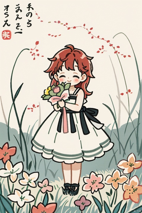 a girl with bright red hair,wearing a sundress and holding a bouquet of wildflowers,standing in a field of tall grass with a soft breeze blowing through,close up. BREAK the scene should capture the whimsical and carefree style of Sakimichan,with a sense of peace and tranquility in the air.,CGArt Illustrator,CJ painting, InkAndWash