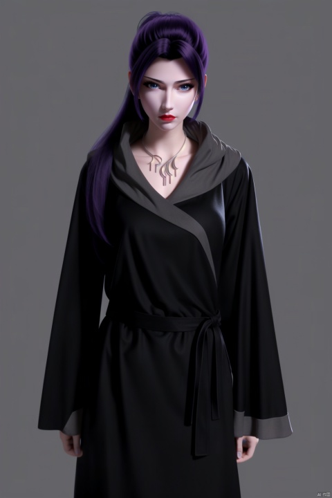  ((HRD, HUD, 8K)),((masterpiece, best quality)), highly detailed, 
1girl, solo, long hair, purple hair, black hair, ponytail, blue eyes, lips, red lips, lipstick, nose, makeup,
necklace, jewelry,
robe, long sleeves,
simple background, grey background, cowboy shot, standing, looking at viewer, 