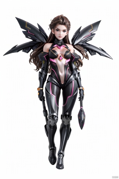  ((HRD, HUD, 8K)),((masterpiece, best quality)), highly detailed, chibi, big eyes, big head,
1girl, solo, long hair, brown hair, black hair, black eyes, nose, makeup, mole under eye, mole, lips,breasts, medium breasts,bodysuit, armor, science fiction, wings, floating, mechanical wings,
simple background, white background, full body, long legs, standing, looking at viewer,  , , YaoRao