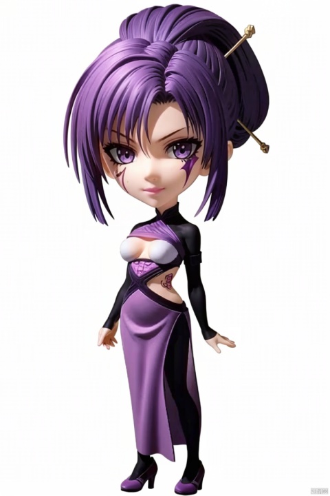  ((HRD, HUD, 8K)),((masterpiece, best quality)), highly detailed, (chibi:1.2), big eyes, big head,
1girl, solo, purple hair, hair ornament, hair stick, purple eyes, makeup, facial mark, scar, lips, lipstick,
breasts, tattoo,
dress, shoes, highheels,
simple background, white background, full body, long legs, standing, looking at viewer, , ZiNv