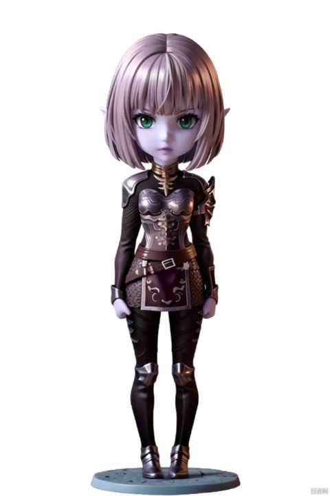  ((HRD, HUD, 8K)),((masterpiece, best quality)), highly detailed, (chibi:1.2), big eyes, big head, 
1girl, solo, short hair, white hair, bangs, blunt bangs, bob cut, green eyes, pointy ears, lips, colored skin, purple skin, elf,armor, belt, boots,
simple background, white background, full body, long legs, standing, looking at viewer, , , CangBaiDeLian