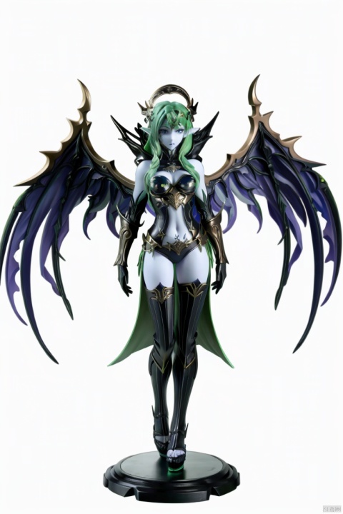  ((HRD, HUD, 8K)),((masterpiece, best quality)), highly detailed,
1girl, solo, long hair, green hair, blue eyes, pointy ears, (mask:1.2),breasts, medium breasts, colored skin, blue skin, armor, thighhighs, navel, sandals, (wings:1.2),simple background, white background, full body, long legs, standing, looking at viewer, BuWenBuWen