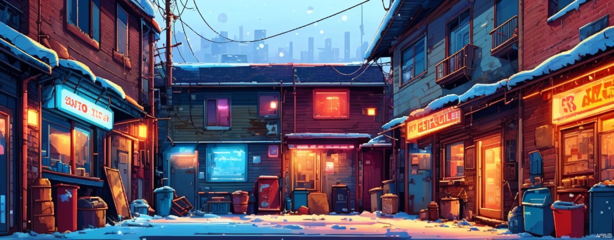  ((HRD, HUD, 8K)),((masterpiece, best quality)), highly Winter, houses, GameScenes,
 neon lights, scenery, no humans, night, city, outdoors, building, cityscape, air conditioner, trash can, alley, cable, sign, 