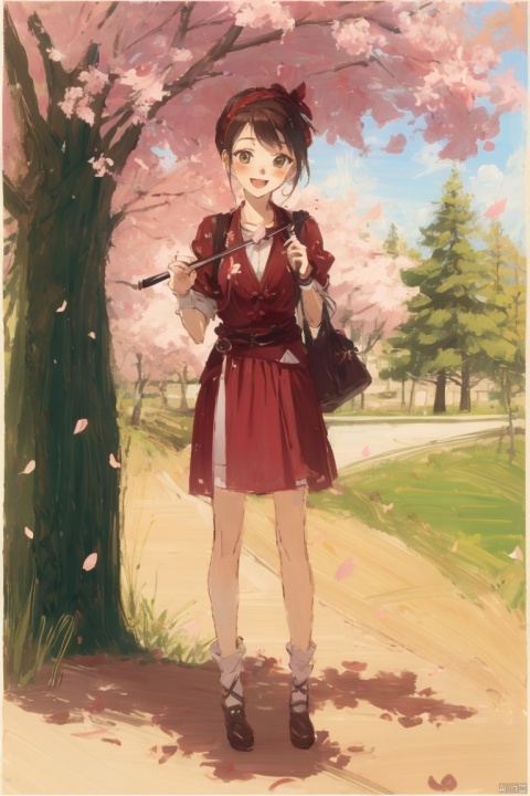  ((HRD, HUD, 8K)),((masterpiece, best quality)), highly detailed, soft light,
1girl, solo, 
bag, stylus, open mouth, smile, looking at viewer, holding, cherry blossoms, drawing tablet, holding stylus, petals, blush, full body, pointing, FanQiaoEr