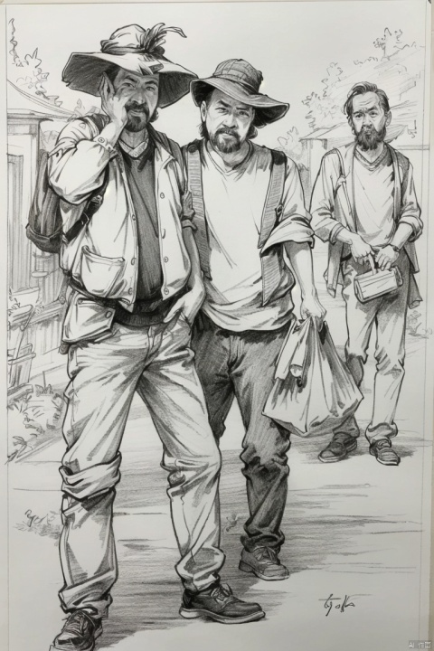  ((HRD, HUD, 8K)),((masterpiece, best quality)), highly detailed,
Sketching - MultipleCharacters, monochrome, 2boys, multiple boys, hat, facial hair, greyscale, traditional media, male focus, beard, graphite (medium), bag, hand in pocket,