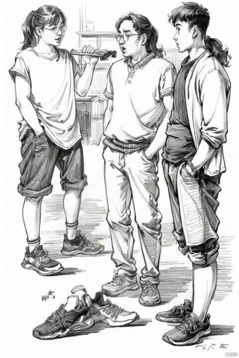  ((HRD, HUD, 8K)),((masterpiece, best quality)), highly detailed,
Sketching - MultipleCharacters, monochrome, multiple boys, greyscale, glasses, ponytail, 3boys, food, shoes, sneakers, dated, 1girl, long hair, 2boys, pants, short hair,