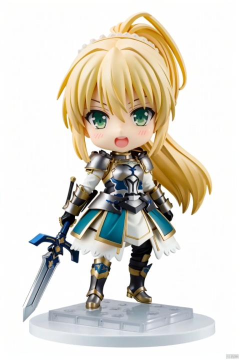  ((HRD, HUD, 8K)),((masterpiece, best quality)), highly detailed, chibi, big eyes,big head,
Handmade, 1boy, weapon, solo, blonde hair, armor, male focus, sword, green eyes, chibi, long hair, artoria pendragon (fate), ponytail, gauntlets, open mouth, faux figurine,  
simple background, white background,