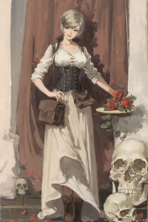  ((HRD, HUD, 8K)),((masterpiece, best quality)), highly detailed, soft light,
1girl, solo, short hair, grey hair, blonde hair, bangs, brown eyes, nose, lips,
breasts,
white shirt, shirt, corset, skirt, longskirt,cowboyboot,
candle, flower, rose, looking at viewer, skull, smile, from below, fang, red rose, hairclip, red flower, glowing eyes, full body, , QingQing