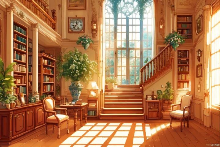  ((HRD, HUD, 8K)),((masterpiece, best quality)), highly Winter, houses, GameScenes,
window, scenery, chair, indoors, plant, sunlight, bookshelf, book, no humans, table, potted plant, clock, globe, light rays, stairs, sunbeam, shelf, flower,