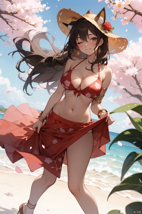 1girl, fox ears,armlet, bare_shoulders, bikini, bracelet, breasts, brown_hair, cherry_blossoms, cleavage, clothes_lift, confetti, falling_petals, flower, full_body, hair_between_eyes, hat, jewelry, large_breasts, leaves_in_wind, lifted_by_self, long_hair, looking_at_viewer, navel, one_eye_closed, petals, petals_on_liquid, plant, rose, rose_petals, sandals, sarong, skirt_basket, skirt_hold, skirt_lift, smile, solo, sun_hat, swimsuit
