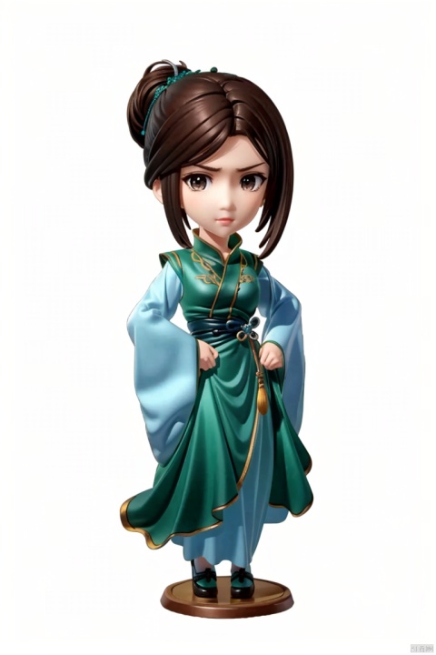  ((HRD, HUD, 8K)),((masterpiece, best quality)), highly detailed, (chibi:1.2), big eyes, big head, 
1girl, solo, hair bun, brown hair, long hair, black hair, brown eyes, lips, chinese clothes, green dress, dress, long sleeves, wide sleeves, simple background, white background, full body, long legs, standing, looking at viewer, MadamHu,