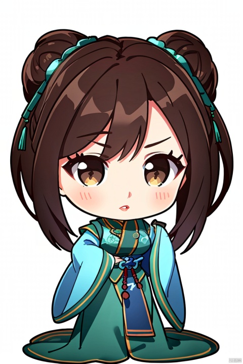 ((HRD, HUD, 8K)),((masterpiece, best quality)), highly detailed, soft light, (chibi:1.2), big eyes, big head, 
1girl, solo, hair bun, brown hair, long hair, black hair, brown eyes, lips, chinese clothes, green dress, dress, long sleeves, wide sleeves, simple background, white background, full body, long legs, standing, looking at viewer, , MadamHu
