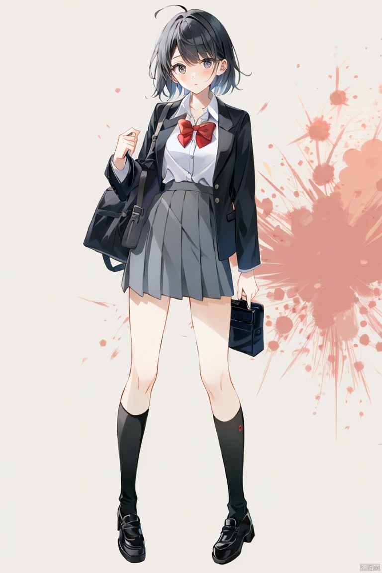 1girl, bag, black_footwear, black_jacket, black_legwear, bow, bowtie, collared_shirt, full_body, grey_skirt, jacket, kneehighs, long_sleeves, looking_at_viewer, messy_hair, open_clothes, open_jacket, pleated_skirt, red_background, red_bow, red_bowtie, school_bag, school_uniform, shirt, shoes, short_hair, shoulder_bag, skirt, solo, white_shirt
ColoredLead