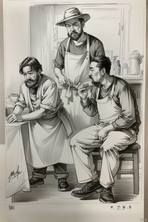  ((HRD, HUD, 8K)),((masterpiece, best quality)), highly detailed, soft light,
Sketching - MultipleCharacters, monochrome, greyscale, multiple boys, facial hair, traditional media, dated, apron, signature, sitting, hat, graphite (medium), old, beard,