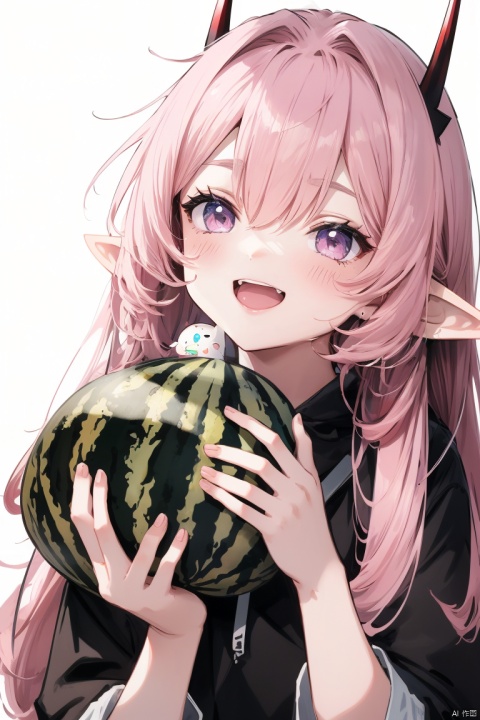((HRD, HUD, 8K)),((masterpiece, best quality)), highly detailed, soft light,EmojiPack, 1girl, solo, food, pink hair, fruit, horns, fang, watermelon, white background, pointy ears, simple background, chibi, long hair, pink eyes, open mouth, smile, :d, notice lines, holding, skin fang, looking at viewer, hair between eyes, holding food, bangs, blush stickers,