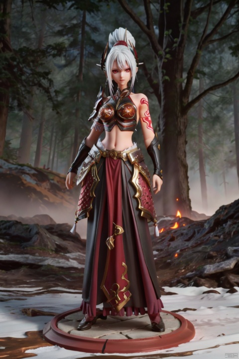  ((HRD, HUD, 8K)),((masterpiece, best quality)), highly detailed,
1girl, solo, white hair, long hair, red eyes, ponytail, tattoo, armor, midriff, 
simple background, white background, full body, long legs, standing, looking at viewer, , , MengXianGu