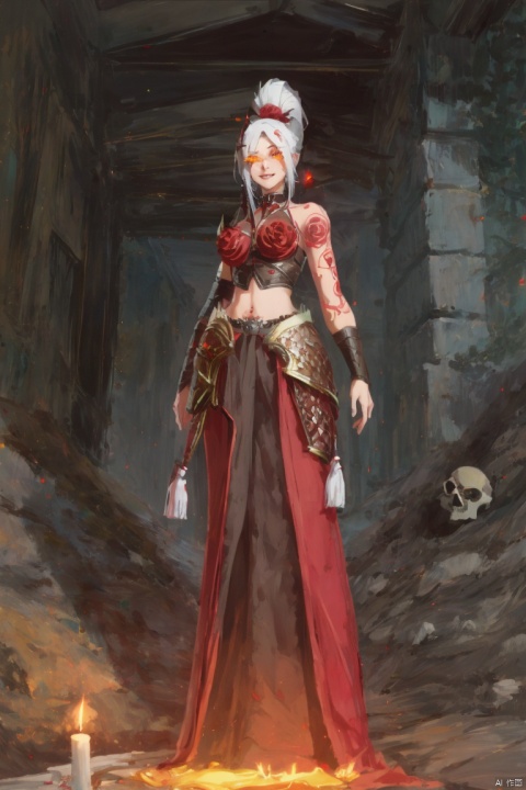  ((HRD, HUD, 8K)),((masterpiece, best quality)), highly detailed, soft light,
1girl, solo, white hair, longhair,redeyes,ponytail,
tattoo,armor,midriff,
candle, flower, rose, looking at viewer, skull, smile, from below, fang, red rose, hairclip, red flower, glowing eyes, full body,