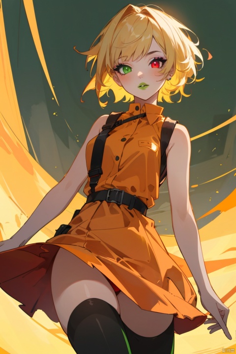  ((HRD, HUD, 8K)),((masterpiece, best quality)), highly detailed,
1girl, green eyes, heterochromia, red eyes, solo,blonde hair, short hair, dress, orange dress, colored sclera, sleeveless, orange shirt, thighhighs, goggles, green lips, glowing, makeup,