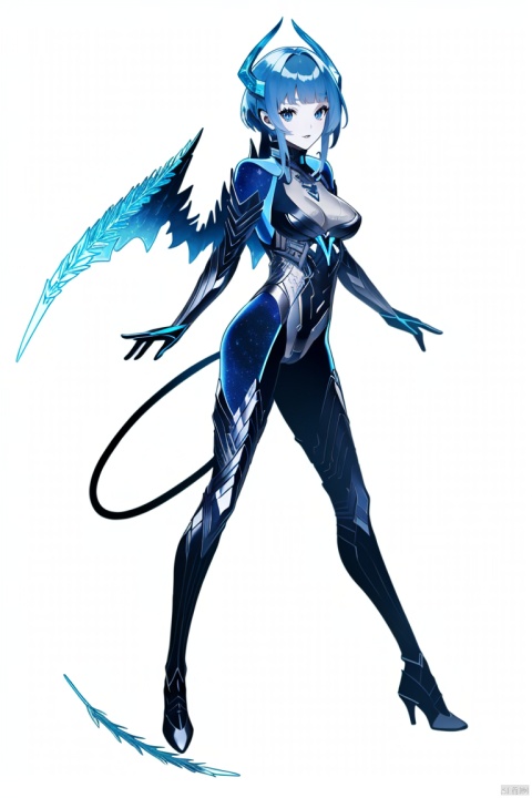 ((HRD, HUD, 8K)),((masterpiece, best quality)), highly detailed,1girl, solo, horns, short hair, long hair, blue hair, bangs, blunt bangs, blue eyes, lips, breasts, colored skin, tail, wings, bodysuit, high heels, simple background, white background, full body, standing, looking at viewer,